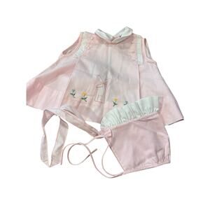 Infant Girl 0-3 months Pink Vintage Dress With Bonnet Embroidered Sleeveless